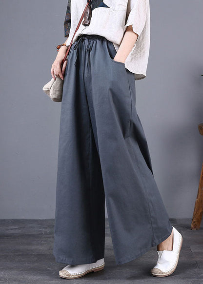 Diy Grey Pockets Elastic Waist Patchwork Cotton Wide Leg Pants Summer