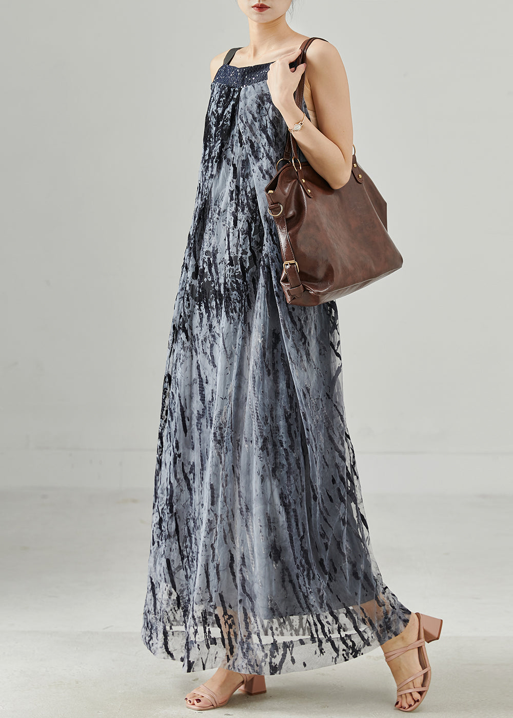 Diy Grey Print Chiffon Spaghetti Strap Dress Summer