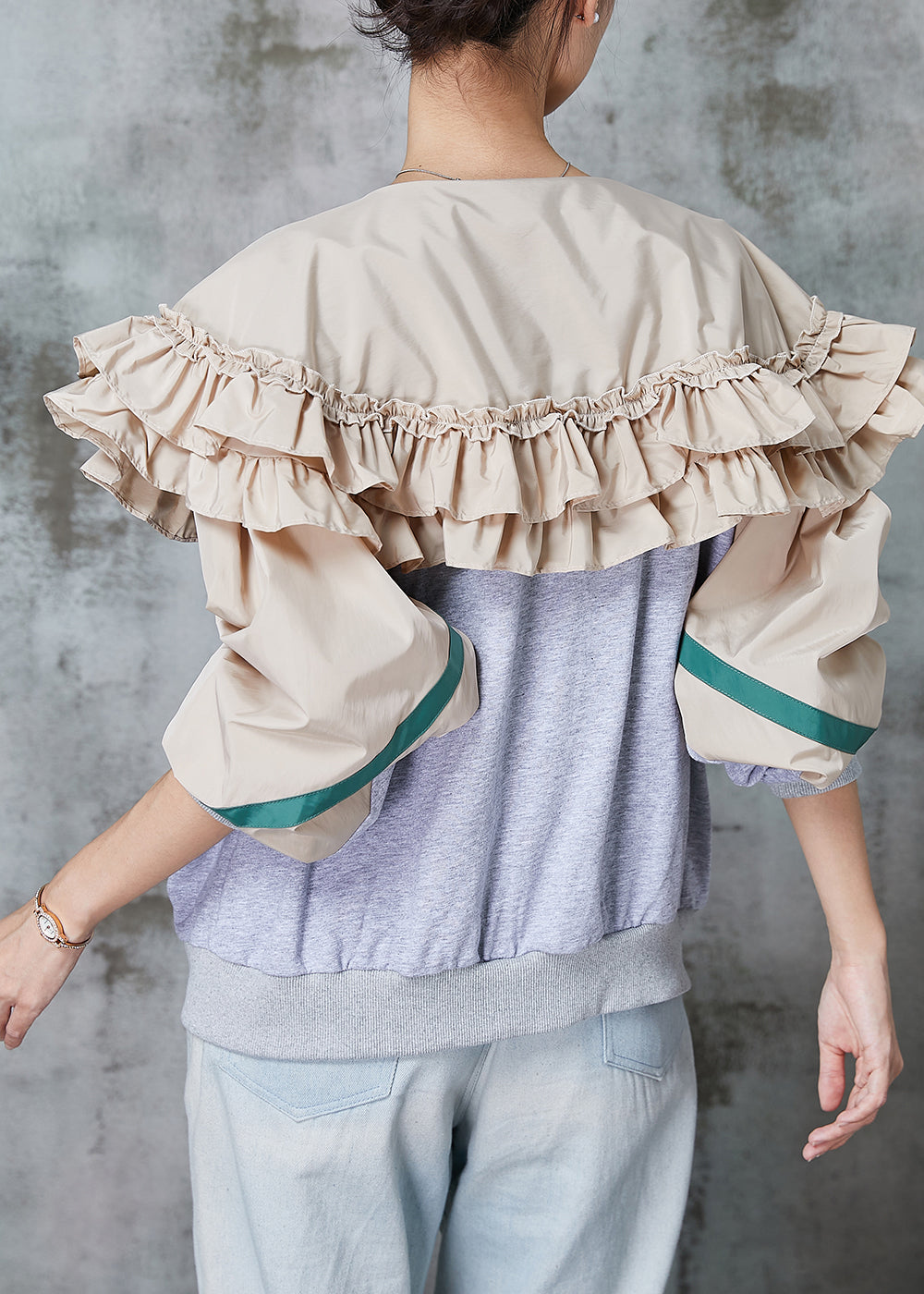 Diy Grey Ruffled Patchwork Cotton Jackets Spring