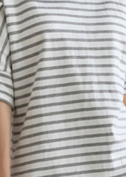 Diy Grey Striped O Neck Cotton T Shirt Tops Puff Sleeve