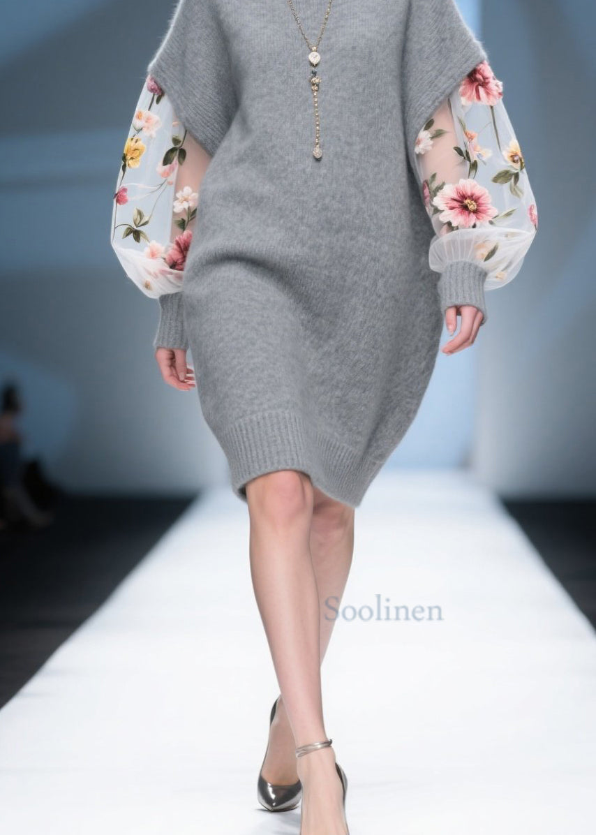 Diy Grey Tulle Patchwork Knitwear Dress Fall