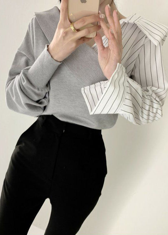 Diy Grey V Neck Cross Patchwork Knit Shirt Tops Spring