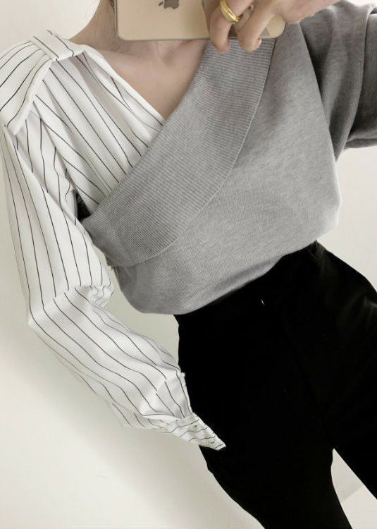Diy Grey V Neck Cross Patchwork Knit Shirt Tops Spring