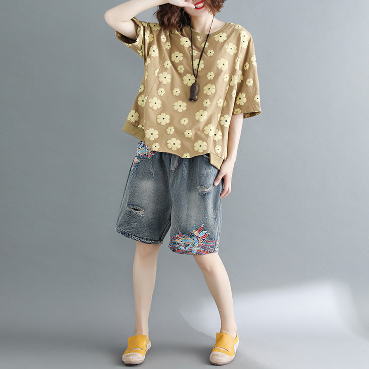 Diy Half Sleeve Cotton Clothes for Wardrobes Yellow Print Clothing Top