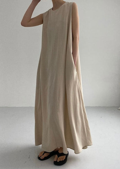 Diy Khaki O Neck Exra Large Hem Cotton Dresses Sleeveless