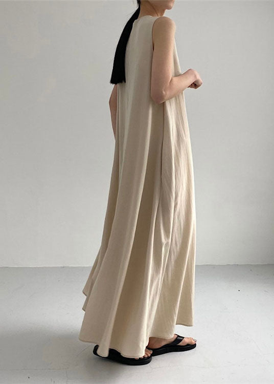 Diy Khaki O Neck Exra Large Hem Cotton Dresses Sleeveless