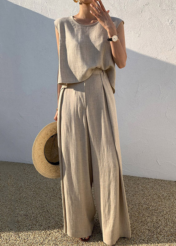 Diy Khaki O-neck Vests and Wide Leg Pants Two Pieces Set Summer