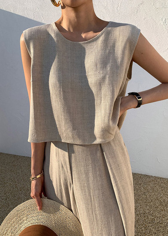 Diy Khaki O-neck Vests and Wide Leg Pants Two Pieces Set Summer