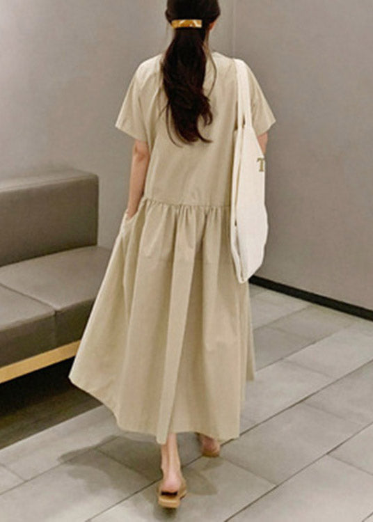 Diy Khaki O-neck Wrinkled Patchwork Cotton Long Dresses Short Sleeve
