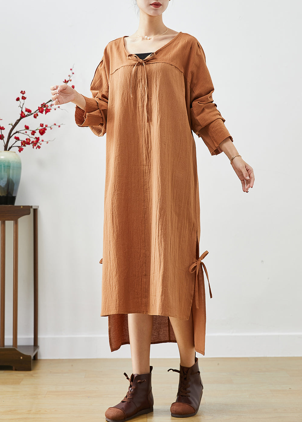 Diy Khaki Oversized Lace Up Linen Long Dress Fall