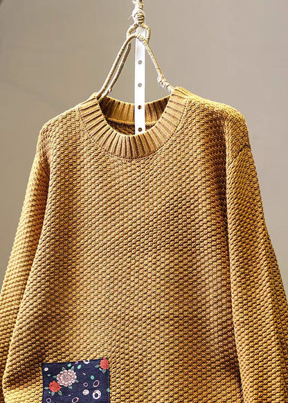 Diy Khaki Oversized Patchwork Applique Knit Sweater Winter