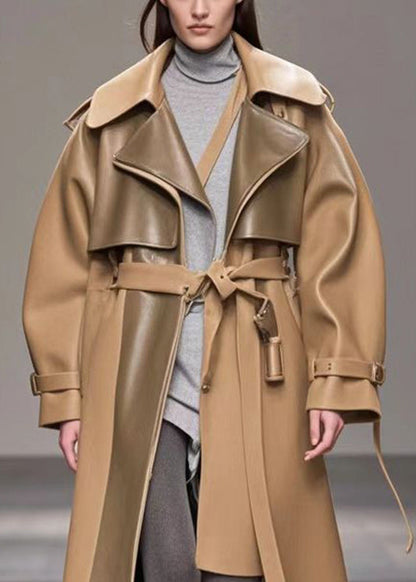 Diy Khaki Oversized Patchwork Faux Leather Trench Fall