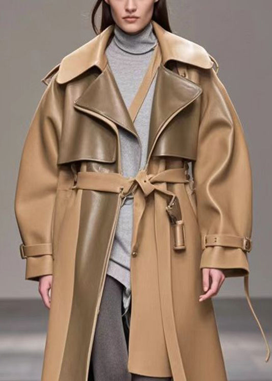 Diy Khaki Oversized Patchwork Faux Leather Trench Fall