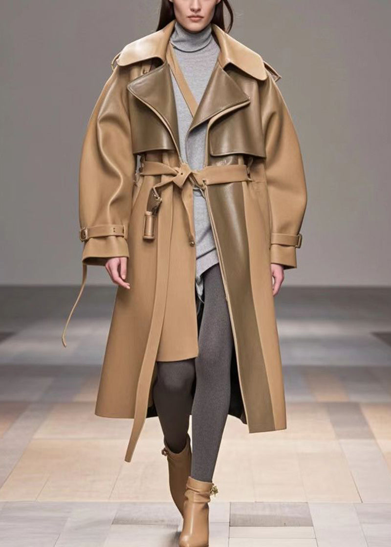 Diy Khaki Oversized Patchwork Faux Leather Trench Fall