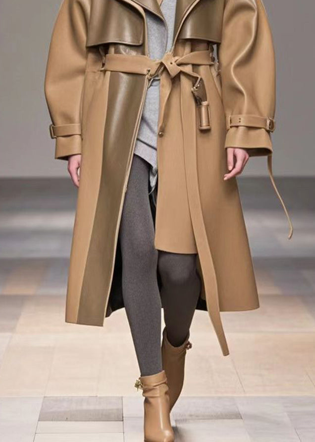 Diy Khaki Oversized Patchwork Faux Leather Trench Fall