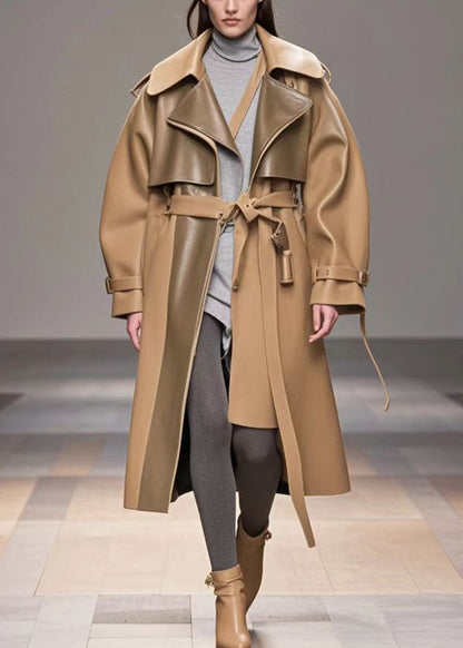 Diy Khaki Oversized Patchwork Faux Leather Trench Fall