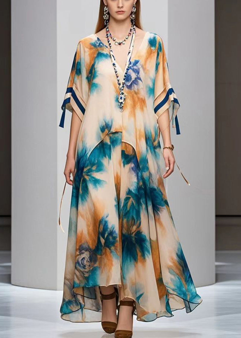 Diy Khaki Oversized Print Chiffon Maxi Dresses Fall