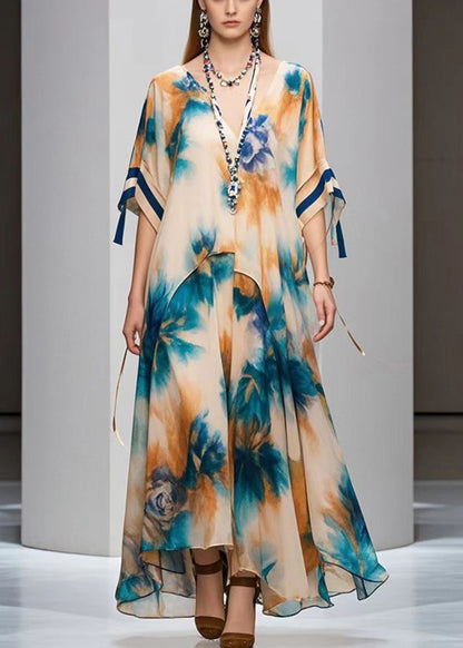 Diy Khaki Oversized Print Chiffon Maxi Dresses Fall