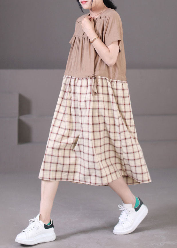 Diy Khaki Square Collar Wrinkled Ruffled Drawstring Plaid Maxi Dresses Short Sleeve