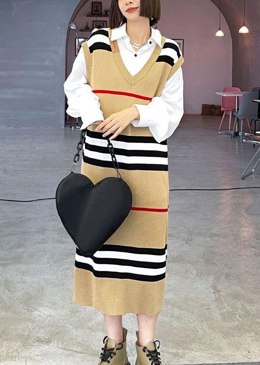 Diy Khaki V Neck Striped Fall Knit Sweater Dress