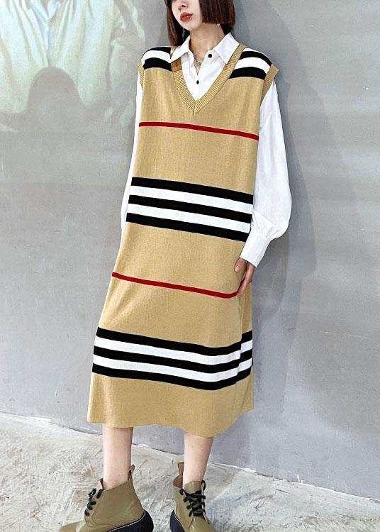 Diy Khaki V Neck Striped Fall Knit Sweater Dress