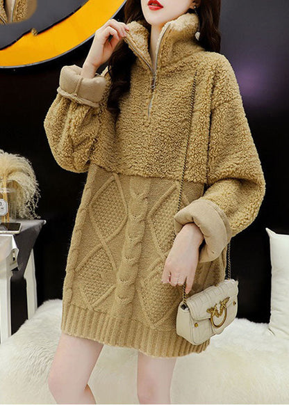 Diy Khaki Zip Up Fuzzy Fur Fluffy Knit Top Winter