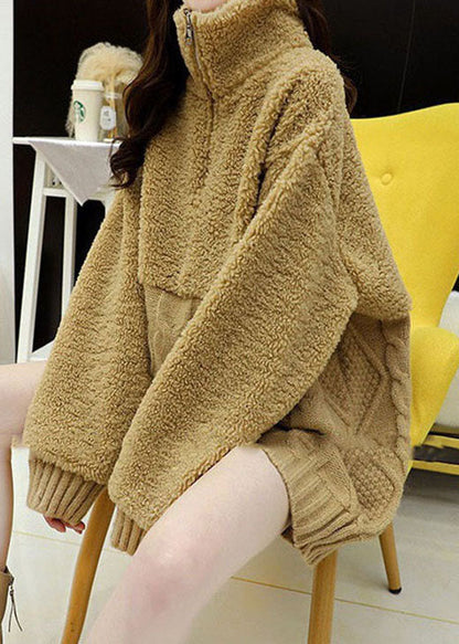 Diy Khaki Zip Up Fuzzy Fur Fluffy Knit Top Winter