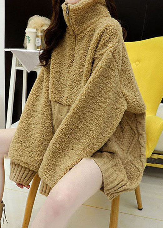 Diy Khaki Zip Up Fuzzy Fur Fluffy Knit Top Winter