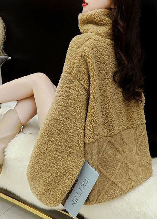 Diy Khaki Zip Up Fuzzy Fur Fluffy Knit Top Winter