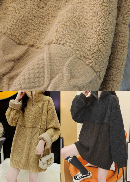 Diy Khaki Zip Up Fuzzy Fur Fluffy Knit Top Winter