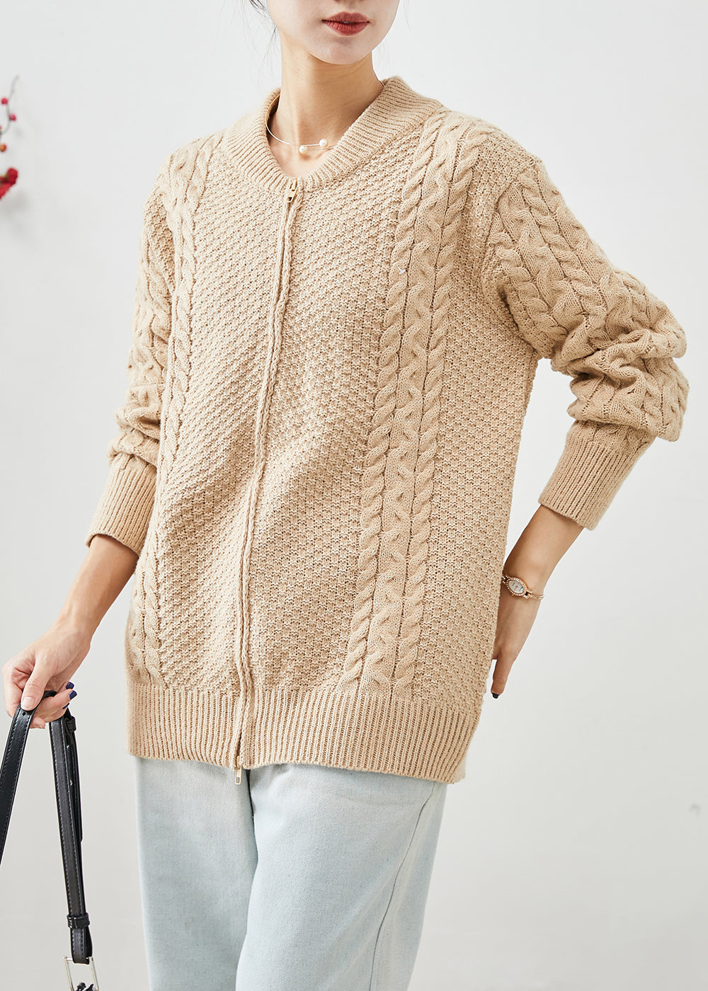 Diy Khaki Zip Up Thick Cable Knit Coats Fall