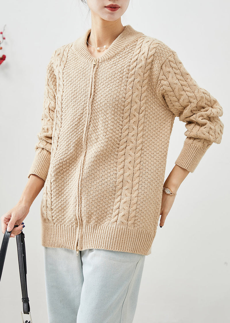 Diy Khaki Zip Up Thick Cable Knit Coats Fall