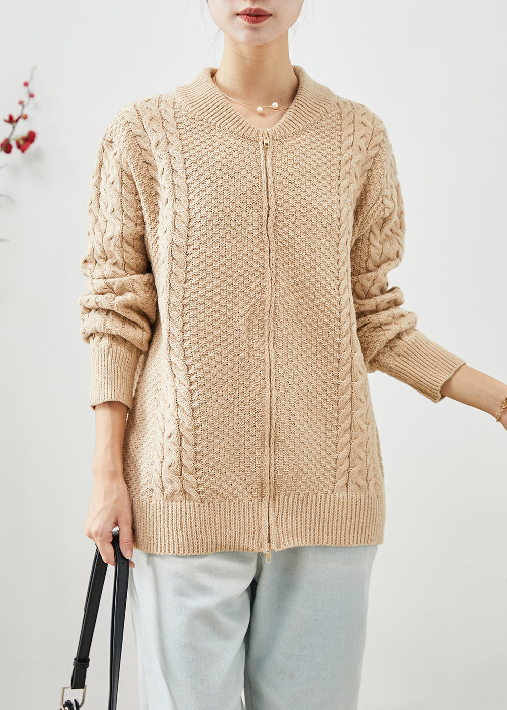 Diy Khaki Zip Up Thick Cable Knit Coats Fall