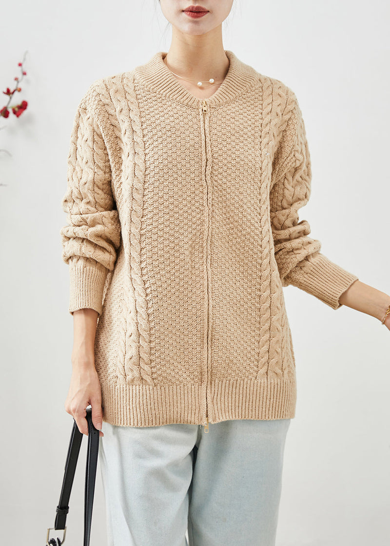 Diy Khaki Zip Up Thick Cable Knit Coats Fall