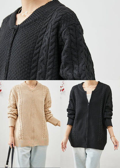 Diy Khaki Zip Up Thick Cable Knit Coats Fall
