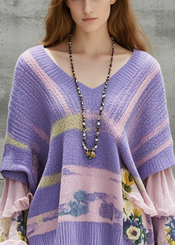 Diy Lavender Oversized Patchwork Knit Sweaters Fall