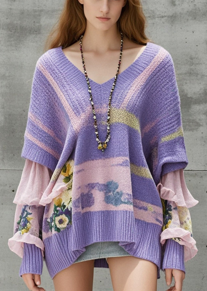 Diy Lavender Oversized Patchwork Knit Sweaters Fall