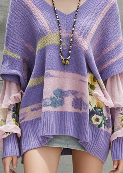 Diy Lavender Oversized Patchwork Knit Sweaters Fall