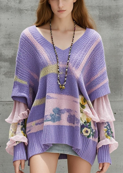 Diy Lavender Oversized Patchwork Knit Sweaters Fall