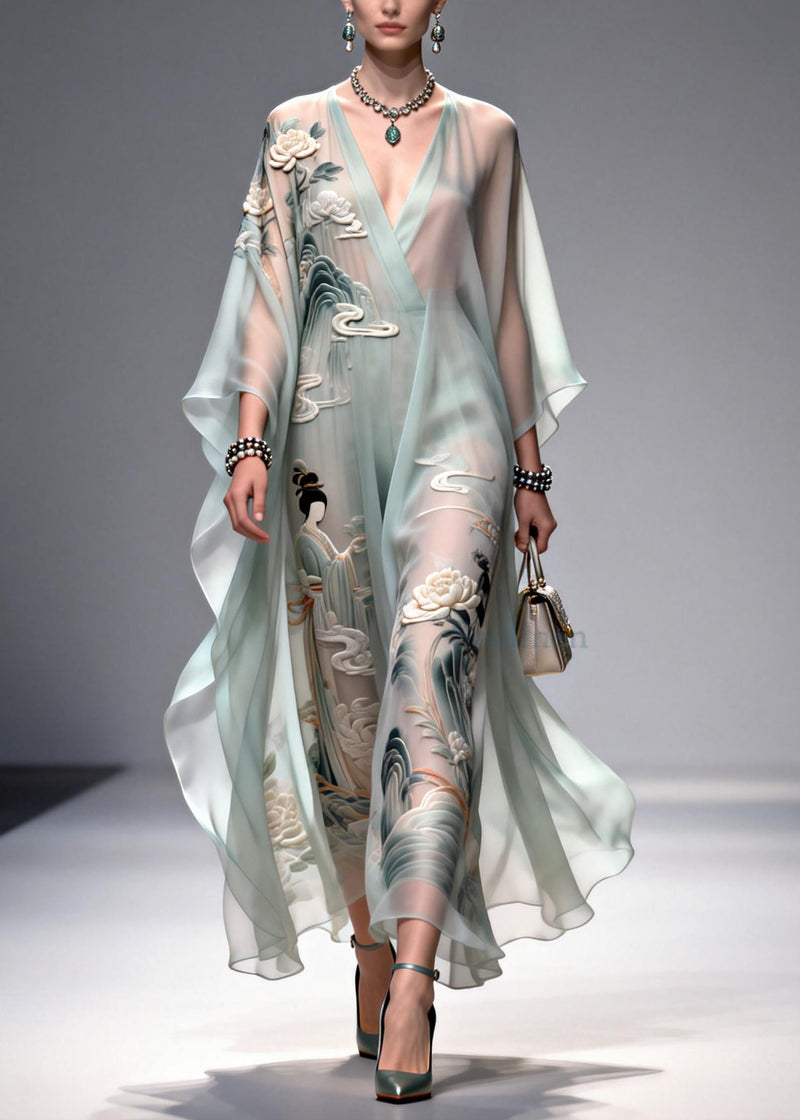 Diy Light Blue Oversized Print Chiffon Dress Summer