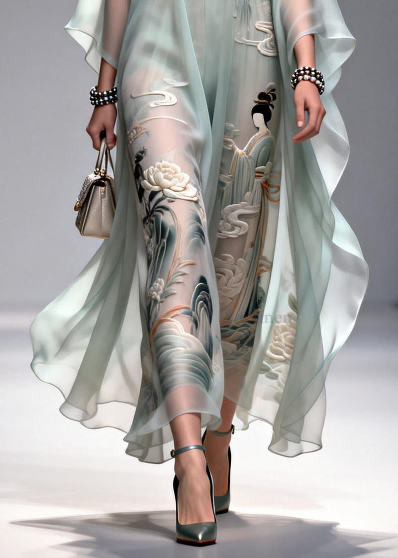 Diy Light Blue Oversized Print Chiffon Dress Summer