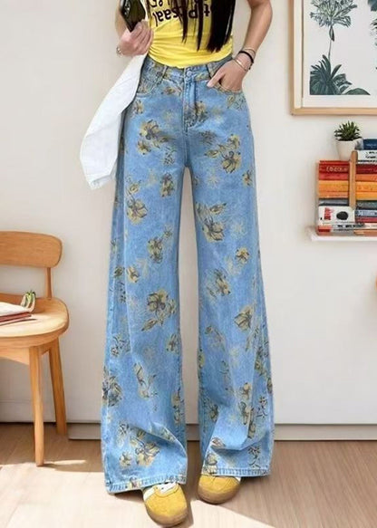 Diy Light Blue Oversized Print Denim Straight Pants Fall