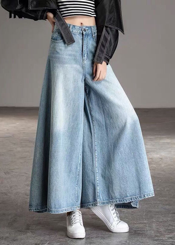 Diy Light Blue-sunflower Pockets Wide Leg Fall Denim Pants