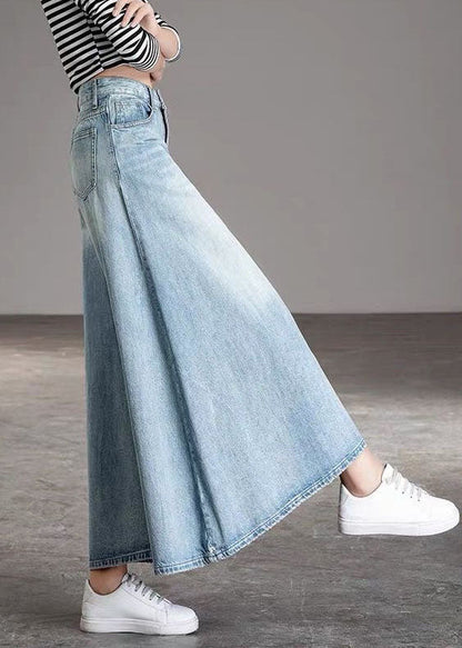 Diy Light Blue-chrysanthemum Pockets Wide Leg Fall Denim Pants