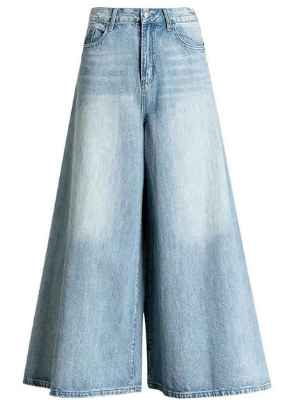 Diy Light Blue-chrysanthemum Pockets Wide Leg Fall Denim Pants