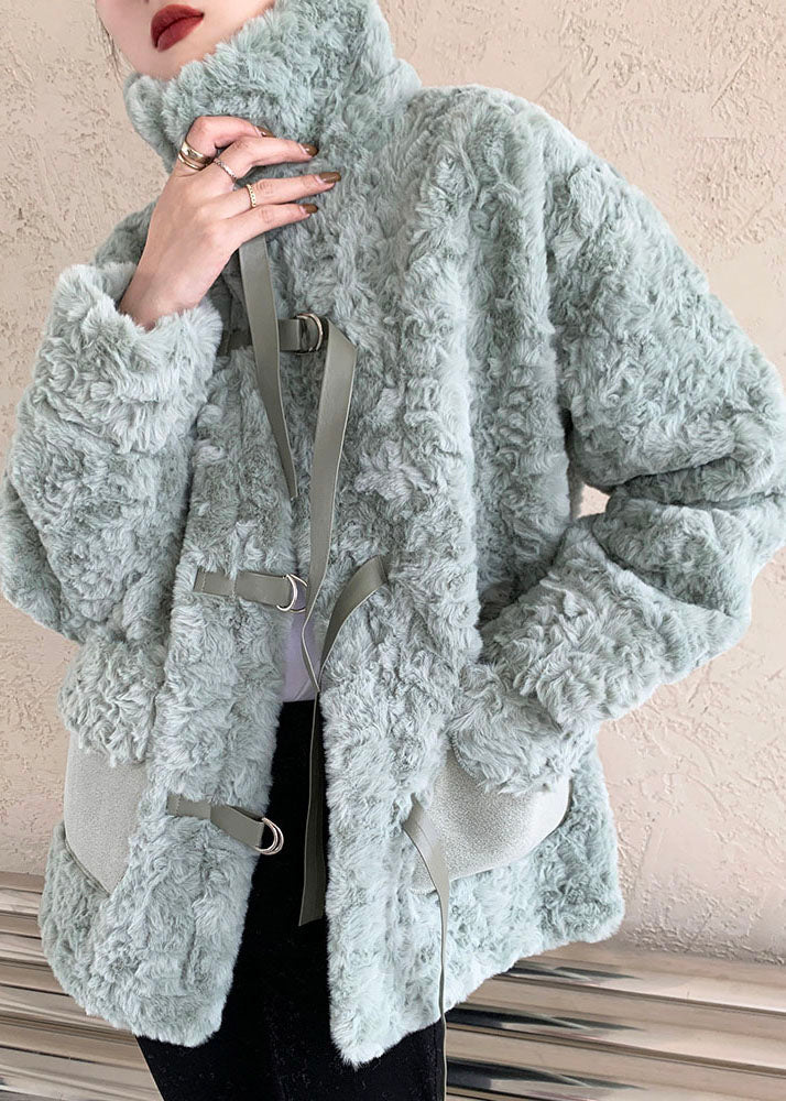 Diy Light Green Pockets Faux Fur Winter Outwear