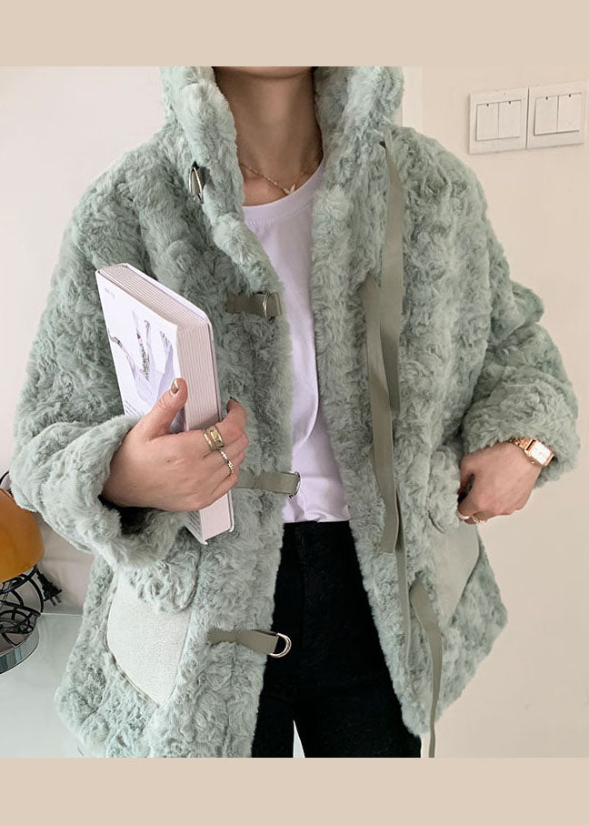Diy Light Green Pockets Faux Fur Winter Outwear