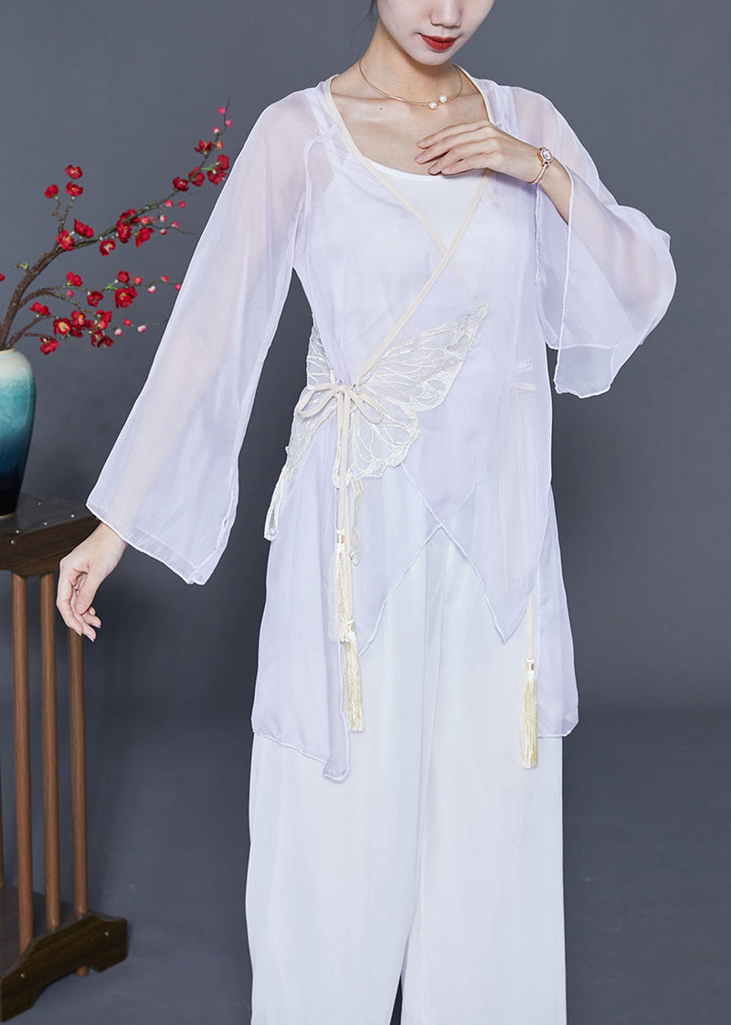 Diy Light Purple Asymmetrical Butterfly Lace Up Tulle Top Summer