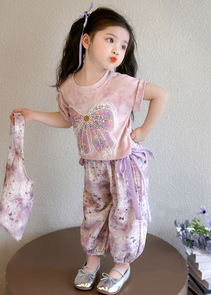 Diy Light Purple O-neck Bow Kids T Shirt and Lantern Pants Two Pieces Set Short Sleeve