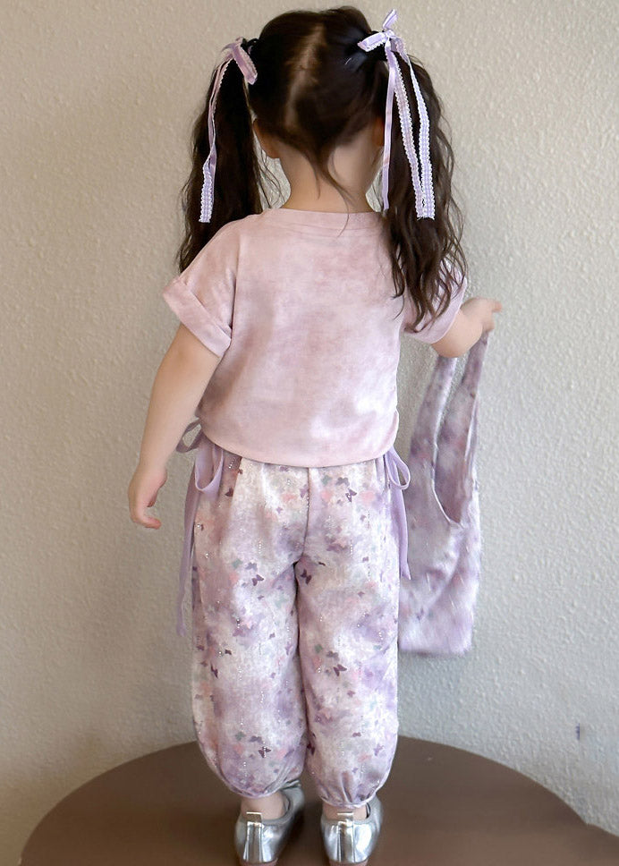 Diy Light Purple O-neck Bow Kids T Shirt and Lantern Pants Two Pieces Set Short Sleeve